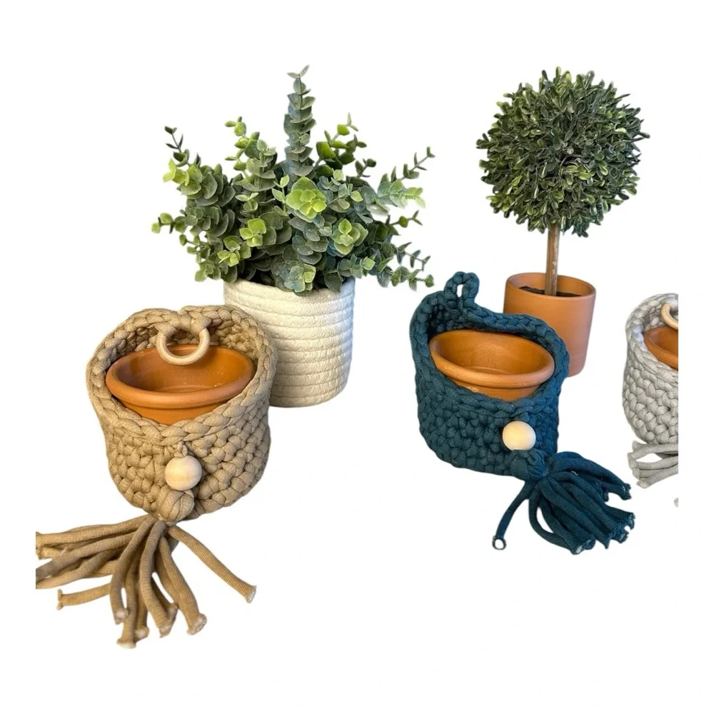 Handcrafted Woven Planter Set - Tan, Blue, Gray